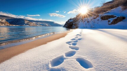 Footprints in snow lead to a serene winter beach under a bright sun, AI