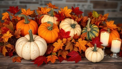 A lovely autumn composition with pumpkins, maple leaves and burning candles on the table