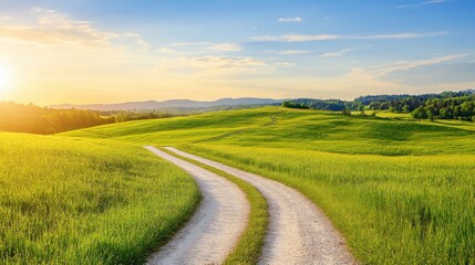 Fototapeta premium Winding countryside road through verdant fields under a sunny sky. Fresh grass and green concept.