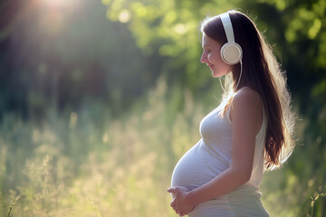 Pregnant woman enjoying music outdoors while wearing headphones in a natural setting during daylight