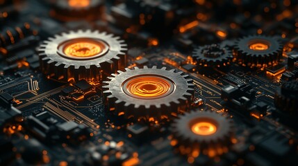 Glowing Cogs Interacting on a Circuit Board