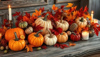 Lovely autumn composition with pumpkins, maple leaves on the table