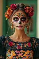 Naklejka premium During the Day of the Dead celebration, a woman showcases beautifully detailed face paint adorned with flowers, embracing traditional culture and vibrant aesthetics