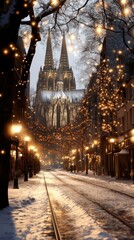 Fototapeta premium Majestic cathedral towers over a snowy street adorned with twinkling holiday lights, AI