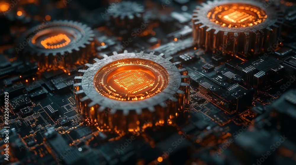 Aufkleber illuminated cogs and circuitry in a futuristic machine