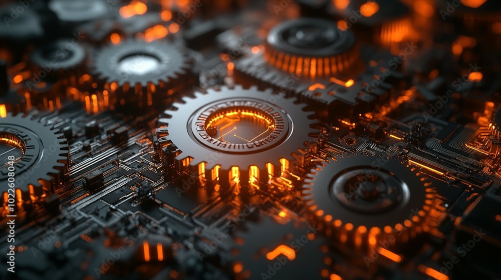 Poster glowing cogs interlocking on a circuit board
