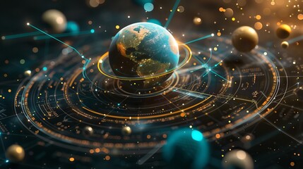 Global fintech innovation: digital diagram featuring a futuristic planet hologram