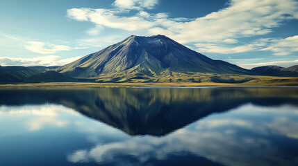 Volcanic Mountain in Morning Light Reflected in Calm Waters of Lake: A serene view of a volcanic mountain bathed in the soft morning light, reflected in the calm waters of a nearby lake.