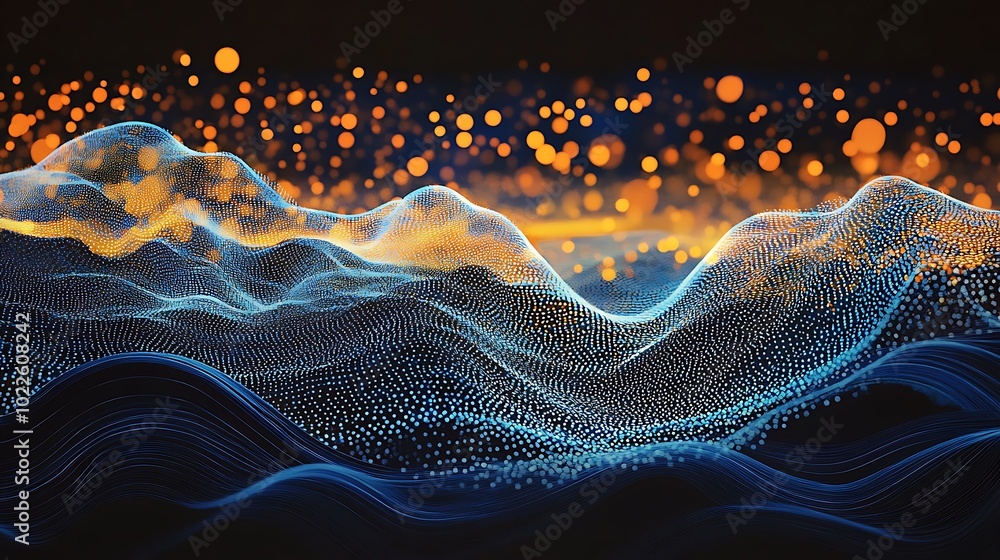 Poster digital futuristic waves of high-tech abstract illustration on foreground and bokeh lights on dark b