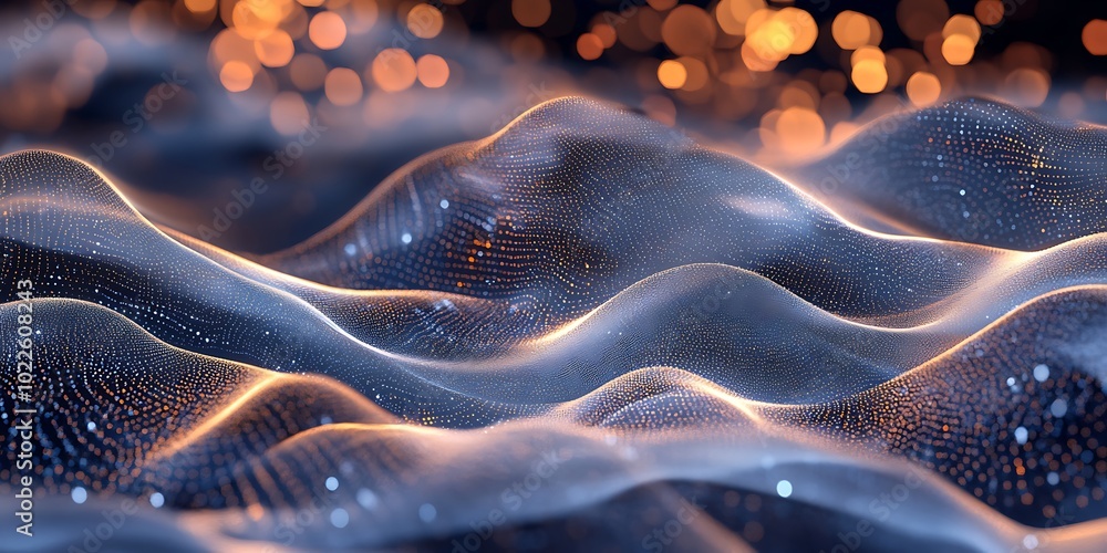 Poster digital futuristic waves of high-tech abstract illustration on foreground and bokeh lights on dark b