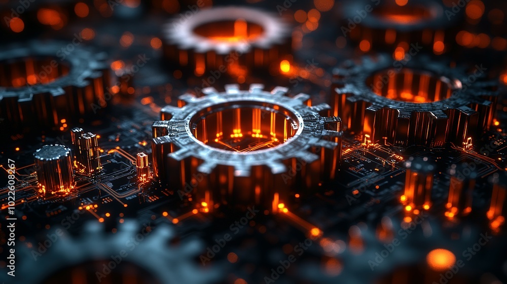 Poster glowing cogs and circuitry in a futuristic setting