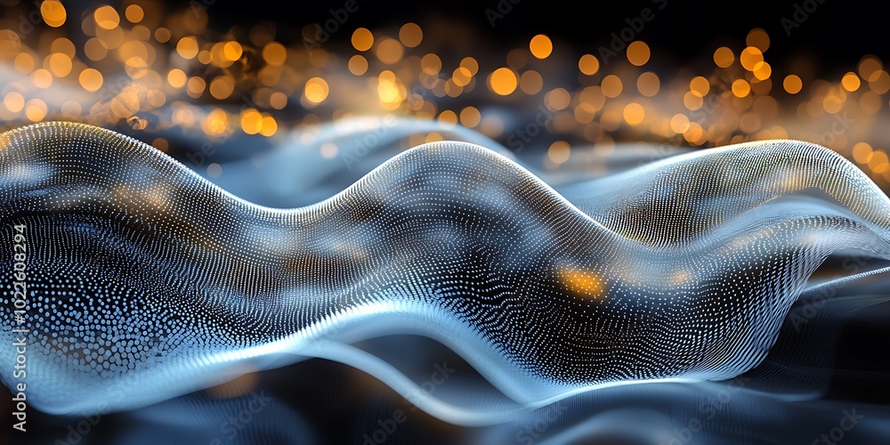 Poster digital futuristic waves of high-tech abstract illustration on foreground and bokeh lights on dark b