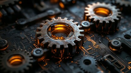 Close-up of Metallic Gears Interacting on a Circuit Board