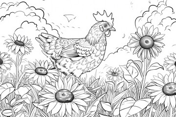 Obraz premium A detailed black and white illustration of a chicken among sunflowers, showcasing a serene farm scene filled with natural beauty.
