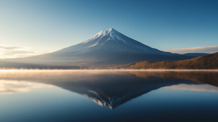 Volcanic Mountain in Morning Light Reflected in Calm Waters of Lake: A serene view of a volcanic mountain bathed in the soft morning light, reflected in the calm waters of a nearby lake.
