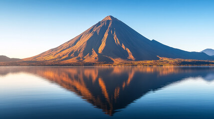Fototapeta premium Volcanic Mountain in Morning Light Reflected in Calm Waters of Lake: A serene view of a volcanic mountain bathed in the soft morning light, reflected in the calm waters of a nearby lake.