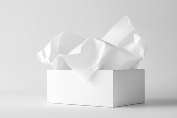 A simple white box with crumpled paper peeking out in a minimalistic setting
