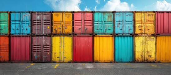 Fototapeta premium Colorful shipping containers lined up in a row against a blue sky with clouds.