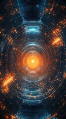 Obraz premium Spherical futuristic digital design of orange and blue wallpaper glowing, 3d render abstract background