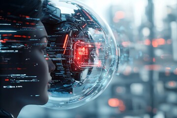 19. Futuristic AI society, digital metropolis, innovative technology, holographic interfaces