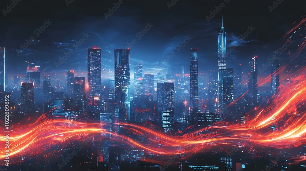 Poster digital abstract background of motion and retro design in blue and orange with cityscape with skyscr