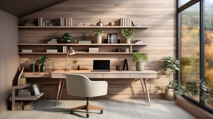 Interior of modern office with wooden walls, wooden floor, computer table and bookcase