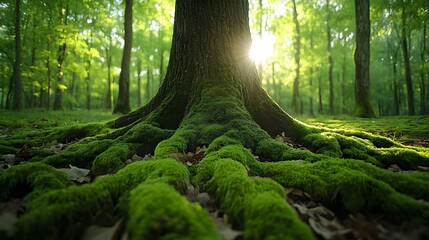 A large tree with well-spreading roots in a forest full of moss, Generative AI
