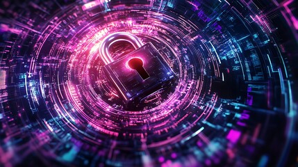 Obraz premium High technology illustration design of padlock on blue, pink and purple hues, cybersecurity and internet safety concept