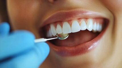 Fototapeta premium Close-up of a dentist examining a patient's teeth with a mirror.