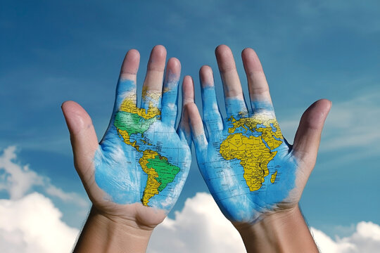 Hands painted with a world map against a blue sky, symbolizing global unity and connection. (International Migrants Day