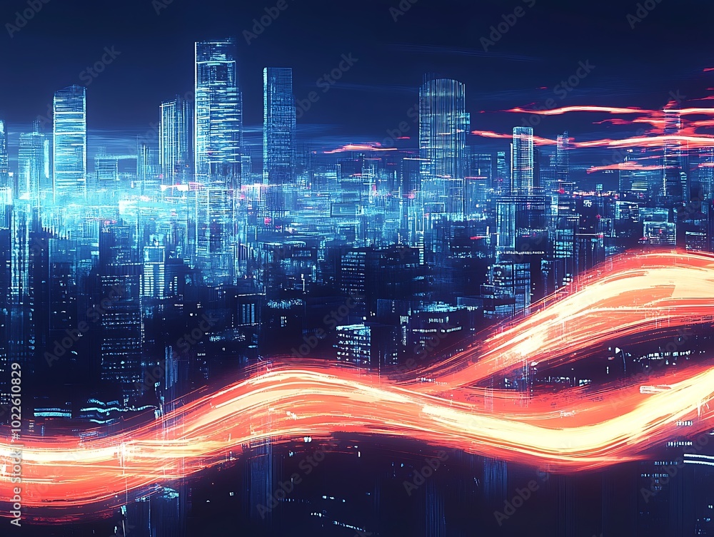 Poster digital abstract background of motion and retro design in blue and orange with cityscape with skyscr