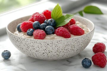 Un cuenco de avena cremoso con frambuesas y arándanos frescos, decorado con hojas de menta, sobre una mesa de mármol.

