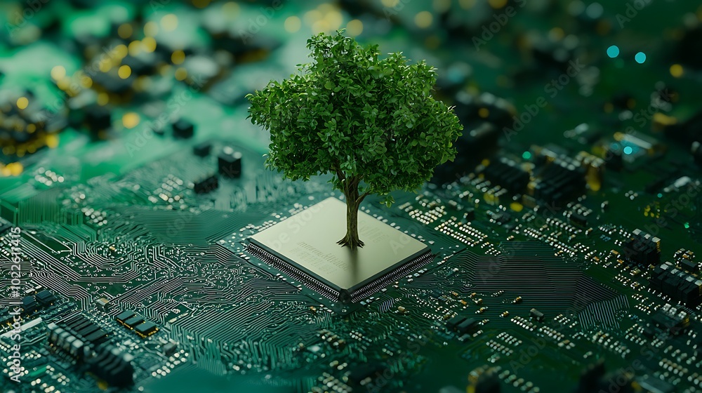 Poster digital illustration of a green leaf tree rooted in a computer cpu microchip, high-tech hardware des