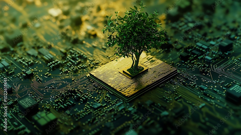 Poster digital illustration of a green leaf tree rooted in a computer cpu microchip, high-tech hardware des