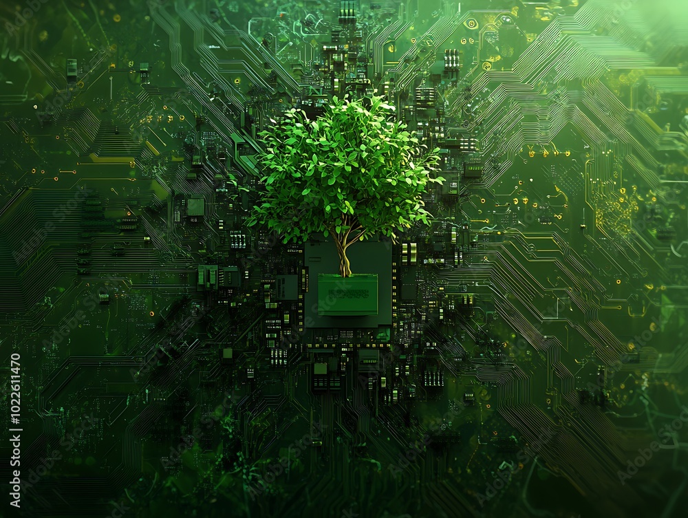 Poster digital illustration of a green leaf tree rooted in a computer cpu microchip, high-tech hardware des