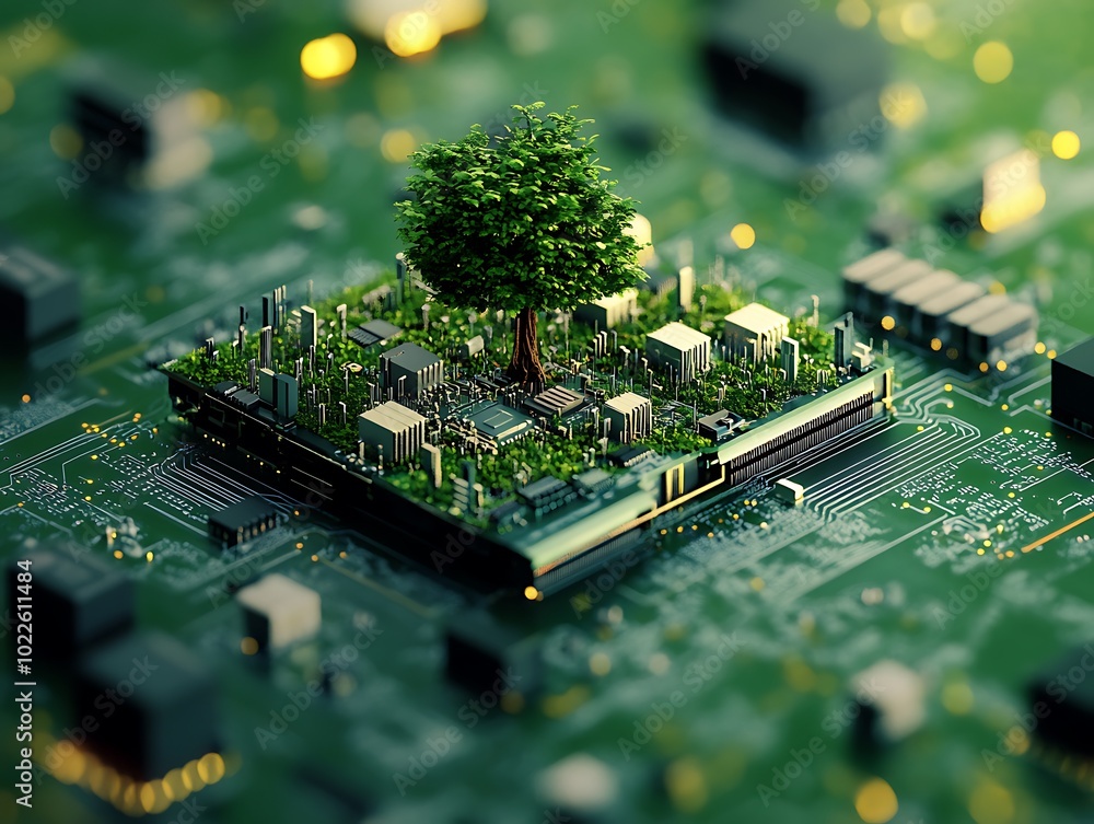 Poster digital illustration of a green leaf tree rooted in a computer cpu microchip, high-tech hardware des