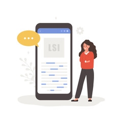 Lsi keyword service. Latent Semantic Indexing. Search engine marketing. Vector illustration in flat cartoon style. Female character is engaged in Web analysis and word search optimization.