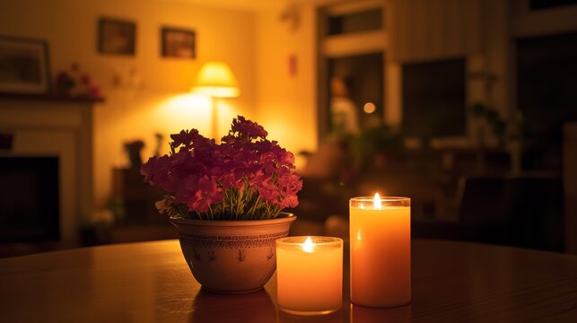 Una planta en una maceta junto a dos velas encendidas crea una atm&oacute;sfera acogedora en una sala de estar iluminada suavemente.



