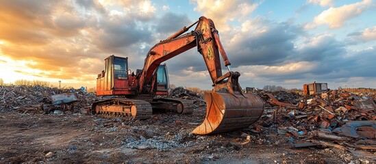 Excavator working in a scrap yard, with a sunset in the background.