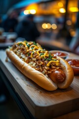 Un gran hot dog con cebolla frita, pepinillos y mostaza, presentado sobre una mesa al aire libre.

