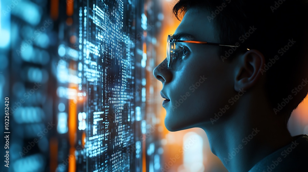 Poster digital design of a male technician with glasses looking to a binary monitor data information, techn