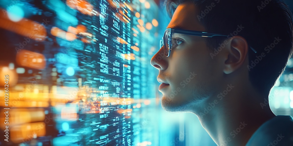 Poster digital design of a male technician with glasses looking to a binary monitor data information, techn