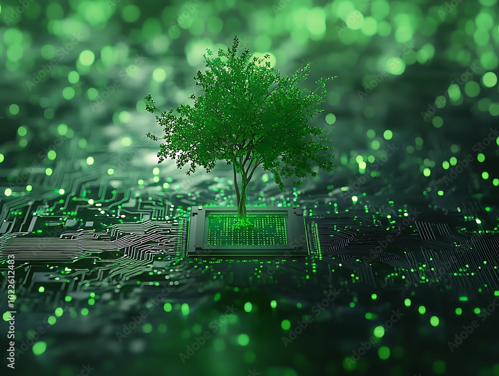 Poster digital illustration of a green leaf tree rooted in a computer cpu microchip, high-tech hardware des