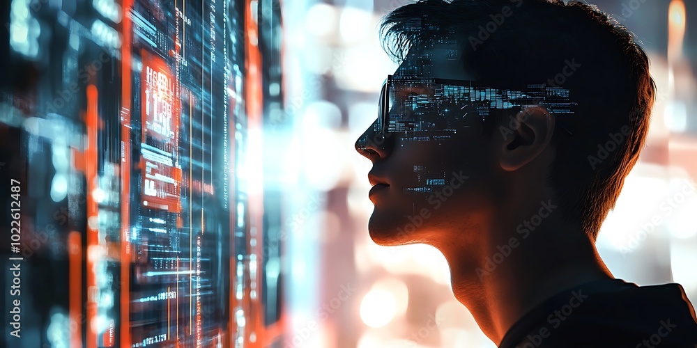 Poster digital design of a male technician with glasses looking to a binary monitor data information, techn