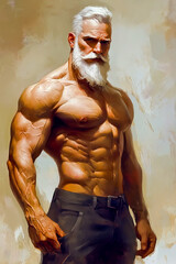 Portrait of a muscular man with a white beard and a white mustache, confidently posing for a picture.