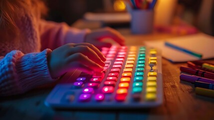 Fototapeta premium A close-up of a child's hands typing on a multi-colored keyboard, bright and cheerful tones, soft warm light from a desk lamp, slight motion blur to show learning action,