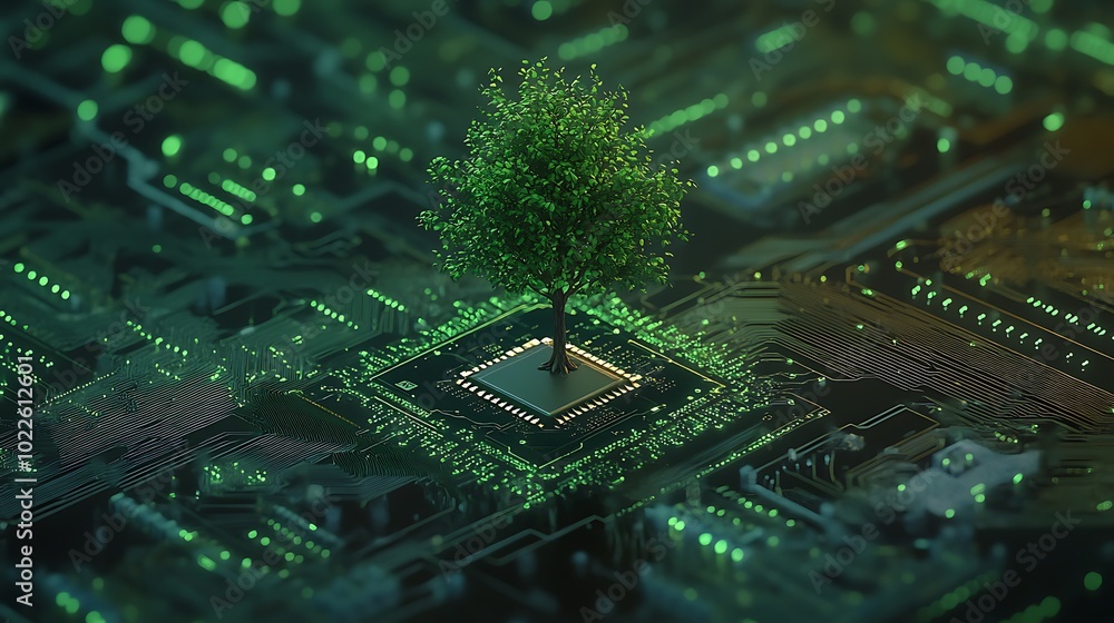 Poster digital illustration of a green leaf tree rooted in a computer cpu microchip, high-tech hardware des