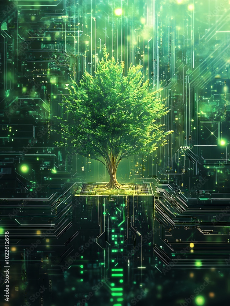 Poster digital illustration of a green leaf tree rooted in a computer cpu microchip, high-tech hardware des