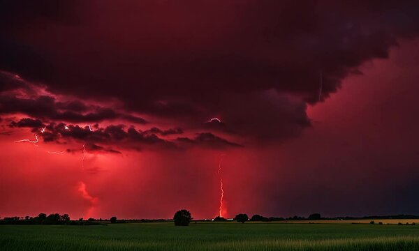 A dramatic thunderstorm lights up the dark red sky over the countryside on a summer evening
