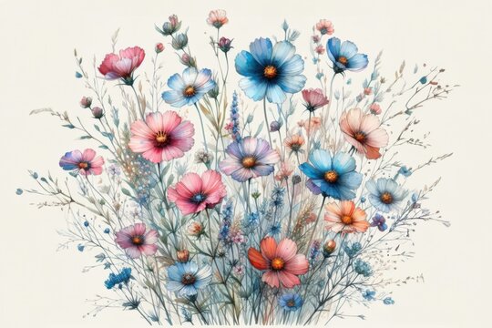 Sanfte Aquarellillustration eines Wildblumenstrau&szlig;es in zarten Blau-, Rosa- und Gelbt&ouml;nen auf hellem, fast wei&szlig;em Hintergrund. Postkarte. Generative KI